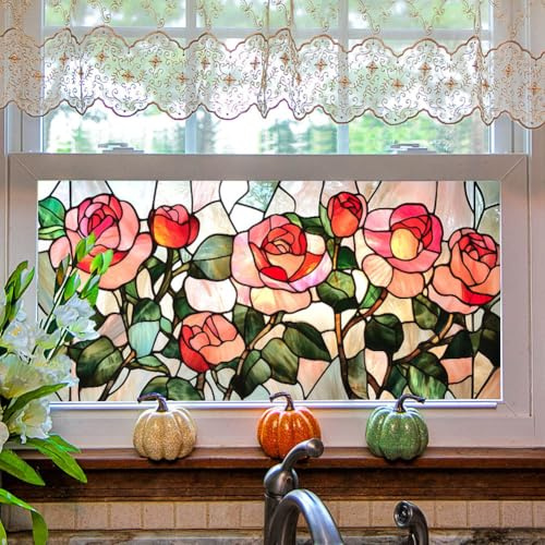 Rose Flower Stained Glass Window Privacy Film Decorative Double-Sided Static Clings Non-Adhesive Tinting Film for Home Office Livingroom Bedroom Window Decor, 17.7 x 39.5 Inch