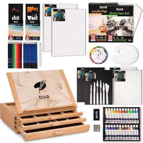 DJAR 87 pcs Acrylic Paint Set with 3 Drawer Storage, 24 Colors of Acrylic Paint, Sketch Book, Paints and Pads, Art Supplies Kit for Adults, Teens and Beginners