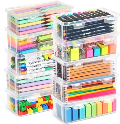 TEBOKHAD Förvaringslåda för kontorsmaterial, plast, pennlåda med snäpptätt lock, stapelbar, för brevpapper, dokument, pennor, små verktyg, BPA-fri, arrangör (M)