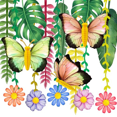 YBwanli frühlingsdeko innen, jungle dschungel deko, gartenparty, hawaii sommer party deko,Wiederverwendbare Schmetterlings- und Pflanzendekorationen aus Papier