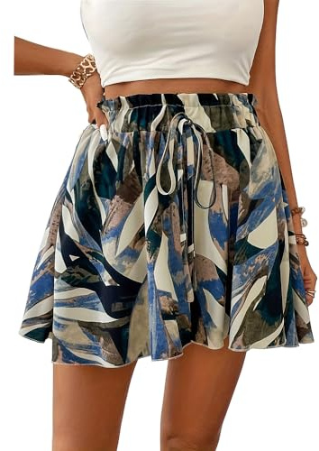 XFSRG Gonna Pantalone Donna Estivi Alta Vita Larga Elastica Eleganti Casual Corti Gonnapantalone con Cordoncino per Spiaggia Vacanze(Blu/L)