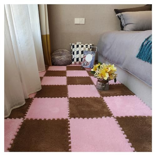 LRFNKCT Teppichfliesen, Ineinander greifende Schaumstoffmatten, Plüschmatte, Flauschige Teppichfliesen, Plüschteppich, Schlafzimmer-Bodenfliesen, weiche Spielmatte, Puzzle-Bodenmatte(Pink+Dark Brown)