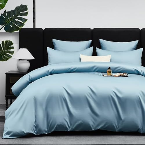 Gezu Housse de Couette 200x200cm Satin de Coton Bleu 100% Coton Soie Soyeux Brillant Parure de Lit Coton à Fibres Longues Linge de Lit avec Fermeture Éclair et 2 Taies d'oreiller 65x65cm
