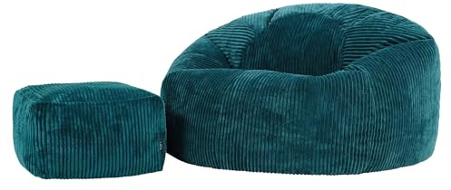 Icon Kingston XXL Sitzsack Cord und Hocker mit Füllung, Blaugrün | In Deutschland Hergestellt, Sitzsack Erwachsene, Weicher Cordstoff, Sitzsack Sessel für Wohnzimmer und Schlafzimmer