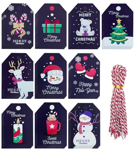 BIHIYII Christmas Tags, 50 Pcs 10 Design Premium Xmas Gift Tags for Presents, Christmas Labels with 50 Pcs String for Christmas Decoration