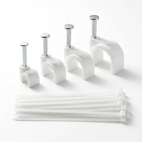 500 PcsCable Clips and Ties, White Wire Clips for Cables, 4/6/8/10mmCable Nail Clipss, Cable Tacks Clamps, cable tidy clips, for Ethernet USB TV Electrical Cables Management, 400 Clips 100 Pcs Ties