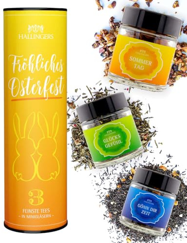 Hallingers Genuss Manufaktur Tee Oster-Geschenk-Set - 3 Sorten premium loser Tee in Gläsern, Probierset in edler Geschenk-Dose Fröhliches Oste... vegane Tees, Ostern Körbchen für Frauen Männer