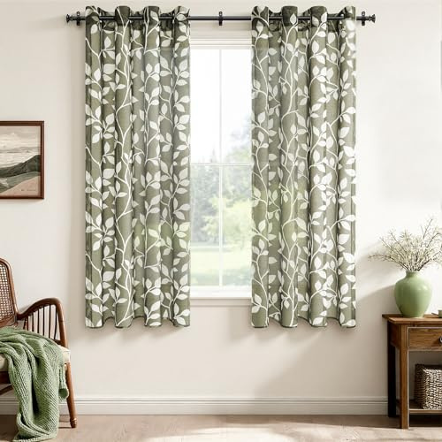 CUTEWIND Cortinas Dormitorio Verde Oliva con Ollaos Pack de 2 Piezas 140x160 cm (An x Al) Cortina Corta Transparente Moderna con Estampado de Hojas Blancas para Ventana y Cocina