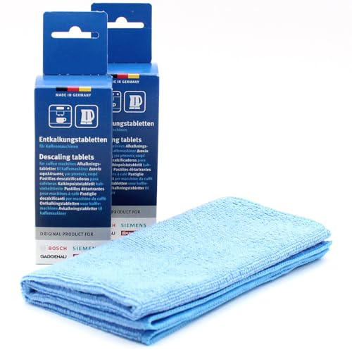 Kit de mantenimiento: 12 Pastillas Descalcificadoras para Cafeteras automáticas y máquinas de café + paño de microfibra, compatible con Bosch, Siemens 00312453, Neff, Thermador, Gaggenau, 12 x 18 g