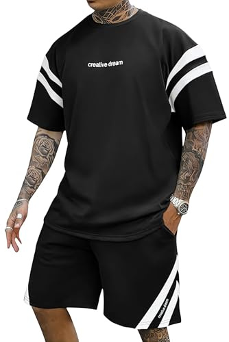 Remxi Herr träningsdräkt set sommar shorts 2-delat set för män randig t-shirt korta byxor joggingdräkt sportdräkt tracksuit, svart, M