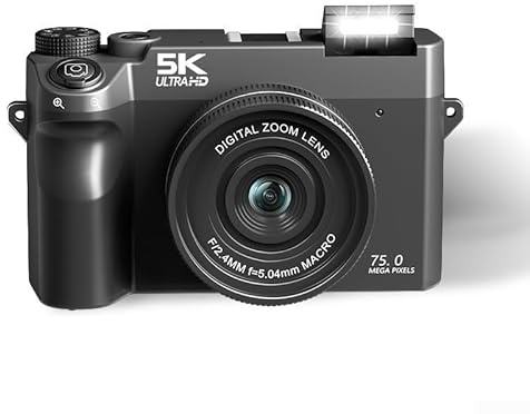 Fotocamera digitale HD 5K, con doppio obiettivo anteriore e posteriore, sensore di immagine da 75 MP, zoom 18X con messa a fuoco automatica o manuale, 9 modalità di scatto (nero 64G)