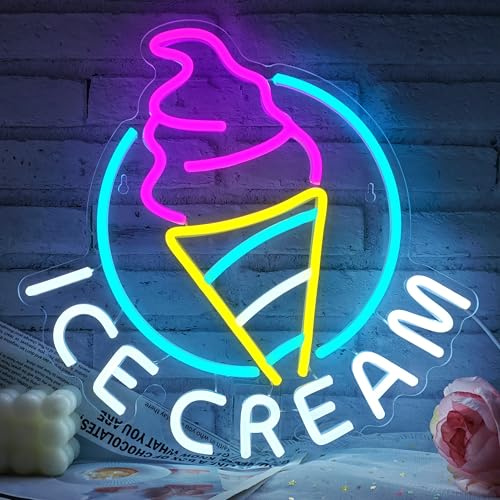 GGAQQ - Letrero de neón de helado para decoración de pared, letrero colgante LED con alimentación por USB y interruptor regulable para furgoneta de helados, quiosco, tienda de café, supermercado, sala