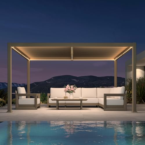 PURPLE LEAF Pergola Bioclimatique Alu 3 x 4,25 m Champagne avec Bande LED | Élégant et raffiné, Pergola, Confort jour et nuit, Pour 6-8 personnes, Matériaux premium, Installation facile, Jardin