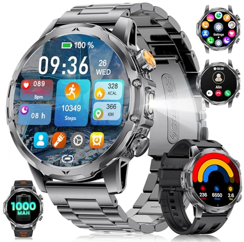 Montre Connectée Homme avec Batterie 1000mAh pour Android iOS, 1,53'' HD Grand Écran Montre Intelligente Militaire avec 24H Fréquence Cardiaque/129 Modes Sportifs/Étanche IP68/Torche, Noir-orange