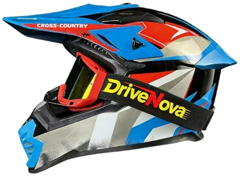 DriveNova Casco Integrale Motocross, Casco da Cross Omologato con Occhiali per Adulti E Bambini, Casco da downhill integrale MTB Include 3 Misure (Blu)