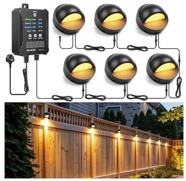 Bingotec 6 Pack LED Garden Fence Lights, 24V Low Voltage Outdoor Deck Lighting Kit with Timer and Photocell Sensor, IP67 Waterproof Warm White Lights for Fence, Patio, Steps and Garden Walls