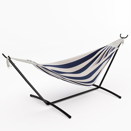 Garvee Hamac Double Robuste pour 2 Personnes avec Support en Acier – Lit brésilien en Coton – Capacité 450 LB – Portable avec Sac de Transport – Idéal Jardin, Camping, terrasse – Rayé Bleu et Blanc