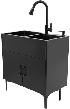 Meuble d'évier de cuisine noir 75 x 41 cm avec double bac et robinet extensible, évier de cuisine autoportant, panier d'égouttement et siphon, kit complet pour cuisine, buanderie, noir
