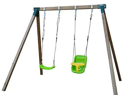 | MASGAMES | Columpio de Madera Cuadrada KARAI Junior | Silla de bebé + Asiento Plano de plástico y Cuerdas | Uso domésico | Anclajes incluidos |