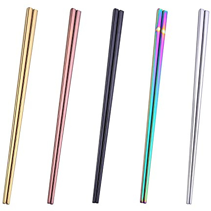 Dtdepth Bacchette in acciaio inossidabile, 5 paia di bacchette in metallo multicolore, riutilizzabili, lavabili in lavastoviglie, leggere, antiscivolo, in acciaio inox 304, facili da usare e pulire