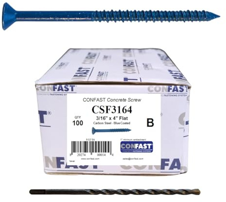 CONFAST 3/16 x 4 Blue Flat Phillips Concrete Screw Anchor with Drill Bit for Anchoring to Masonry, Block or Brick (100 per Box)