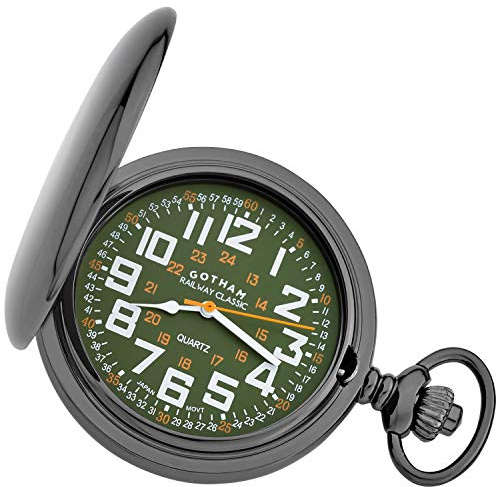 Gotham Men's Gunmetal Railroad Polished Finish Covered Quartz Pocket Watch # GWC15044BG