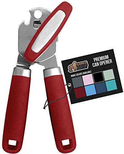 The Gorilla Grip - Abrelatas manual de acero inoxidable resistente con borde liso y mango suave al tacto, a prueba de óxido, perilla de mano de gran tamaño, fácil de girar, abrelatas grandes, rojo