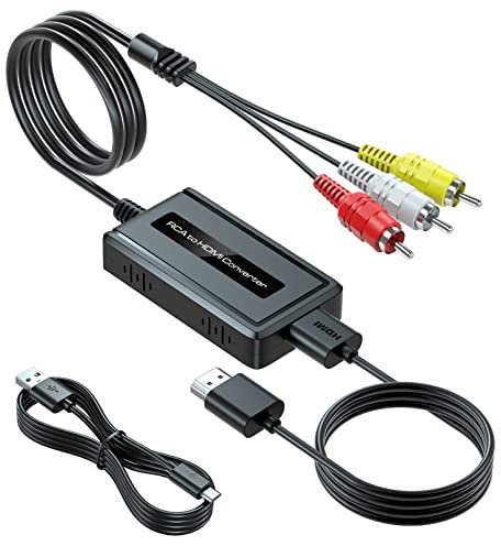 Convertidor RCA macho a HDMI con cable HDMI para DVD/STB/VHS con salida RCA hembra (cable RCA integrado), CVBS AV compuesto a HDMI convertidor soporta interruptor de salida Full HD 720P/1080P