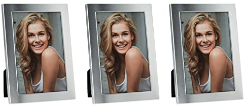 Hama Bilderrahmen Set Davos für 10x15 Fotos (3 Bilderrahmen für Collage, DIY-Geschenk, Wechselrahmen für mehrere Bilder, stehend mit Standfuß, Aufhänger, Portraitrahmen mit Glas) metall silber