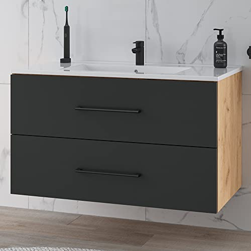 Planetmöbel LUX Badmöbel Waschtisch mit Waschbecken 90 cm, Keramik Waschbecken mit Unterschrank Gold Eiche/Anthrazit