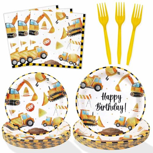 Construction Theme Birthday Party Decorations Plates Set 25 Guests,100 Pcs Plates Napkins Forks Boys Kids Construction Excavator Birthday Party Supplies