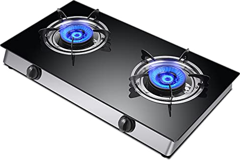 Samnuerly Fornello a Gas Fornello a Gas da Campeggio Fornello da Tavolo 2 Fuochi, Vetro Temperato Spesso, Facile da Pulire, 4,0 Kw, Alta Potenza, Supporto Pentola in Ghisa, Convertibile NG/Gpl