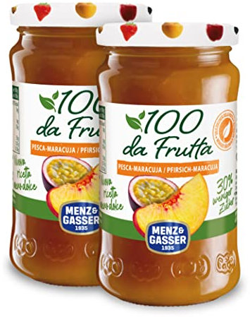 Menz&Gasser, Composta di Pesca e Maracuja 100Dafrutta, 100% Frutta IQF di Alta Qualità, Lavorata con Passione in Trentino-Südtirol, Senza Glutine, Vegan, 2 Vasi x 240 g