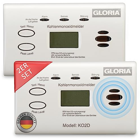Gloria 2X KO2D Kohlenmonoxidmelder mit 10 Jahren Garantie und wechsebaren AA Batterien