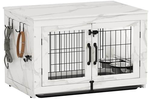 Piskyet Wooden Dog Crate Furniture with 360°Rotatable Removable Dog Bowls, Dog Crate End Table with Tray, Double Doors Dog Kennels for Dogs(M:31.8 L*22.1 W*24.1 H,Marble White)