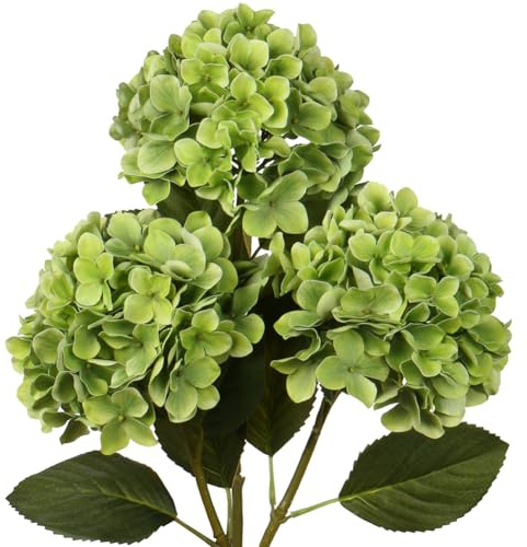 Oairse 3PCS Hydrangea Artificial Flowers Decorative Green Fake Flowers with 63cm Long Stem Real Touch Silk Hydrangea for Home Hotel Office Wedding Bridal Decorations Floral Arrangements