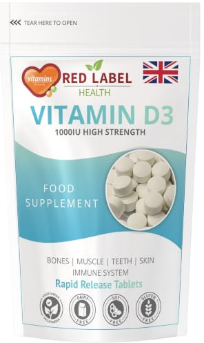 Red Label Health Vitamin D3 1000 IU, Pack of 400 Vitamin D Tablets (1+ Year Supply), Healthy Teeth & Bones, Supports Immune System, High Strength Vitamin D Supplement for Men & Women, UK-Made