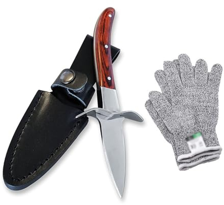 Austernmesser Set 2 Stücke Austernöffner Mit 1 Paar Schutzhandschuhen Der Stufe 5 Austern Messer Mit Hochwertigem Holzgriff Lederscheide Für Muscheln Aus Edelstahl,B