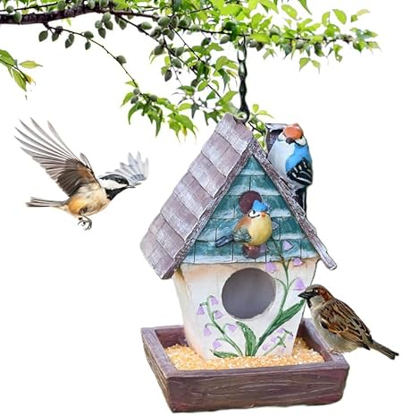 Yoohspoe 2in1 Vogelhaus & Futterhaus zum Aufhängen im Freien, Kunstharz, dekorative & funktionale Geschenke, Skulptur für Finken, Kardinalküken, Kolibri, wetterfest und langlebig (Haus)