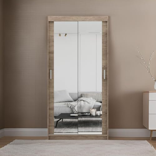 ELUKS Sky 100cm Double Mirror Sliding Door Wardrobe Optional Drawers 2 Hanging Rail White/Black/Sonoma/Grey (Sonoma Oak/No drawers)