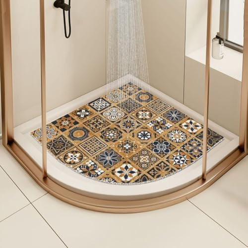 Corner Shower Mat for Inside Shower - Non-Slip, Anti-Mould Quadrant Bath Mat with Drain (Brown, 65x65cm)