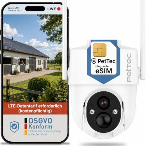 PetTec PetCam Free'n 360 4G LTE Überwachungskamera [OHNE ABO-Falle] für außen mit Akku & Pan&Tilt Funktion - Outdoorkamera 3MP Ultravision, Bewegungserkennung, 20m Nachtsicht IP65 Flutlicht Sirene