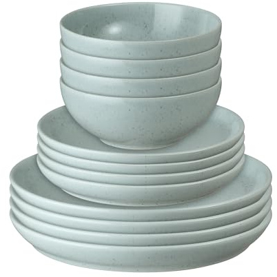 Denby - Teal Speckle 12 Piece Tableware Set - Dishwasher & Microwave Safe, Oven Proof Plate & Bowl Set - Includes 4 x Small Plates, Dinner Plates and Cereal Bowls - Chip Resistant & Durable