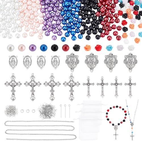 PH PandaHall 707 Stück Ostern Rosenkranz Schmuck machen Kit Gebet Halsketten Bastelset Gebet machen Zubehör Erstkommunion Halskette Set Glasperlen Kreuz Charms für Ostern Schmuckherstellung Armband