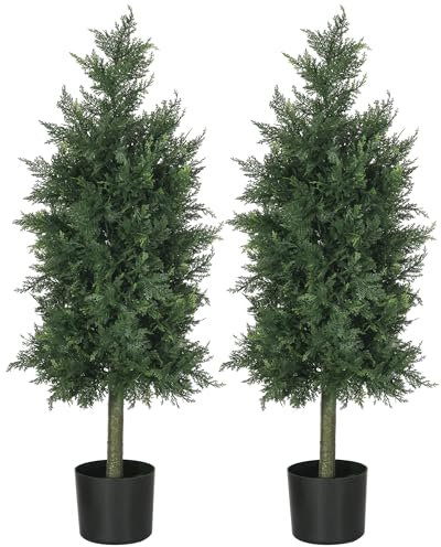HOMCOM 2er-Set Kunstpflanzen Zeder Kunstbaum innen und außen mit Topf, Höhe 90 cm, Konifere, 38L x 12,5l x 90H cm grün