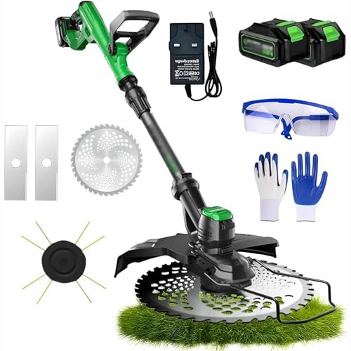 Desbrozadora de césped inalámbrica for jardín con 3 tipos de cuchillas,desbrozadora de césped eléctrica sin escobillas con guantes,gafas protectoras,2 baterías de 3000mAh,cortadora de césped retráctil
