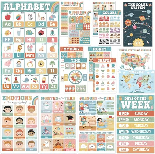 BEAWART 16 groovige Boho-Pädagogische Poster – Alphabet-ABC-Poster, Weltkarte – laminierte Lernposter für Klassenzimmer-Dekor – Heimschule und Klassenzimmer Wanddekoration