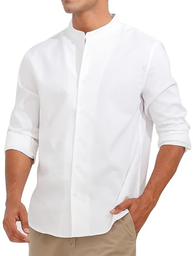 Fanient Chemise en Lin pour Homme Chemise à Manches Longues et col Montant Chemise de Loisirs Décontractée Chemise d'été Montante M