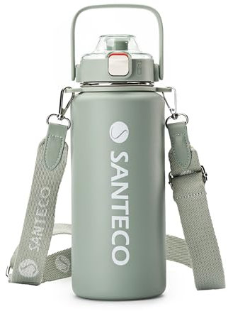 SANTECO Thermosflasche Edelstahl mit Strohhalm, Trinkflasche 1,2l BPA-Frei mit Abnehmbarer Schultergurt, Isolierflasche Auslaufsicher Wasserflasche Spülmaschinenfest für Laufen Wandern Grau