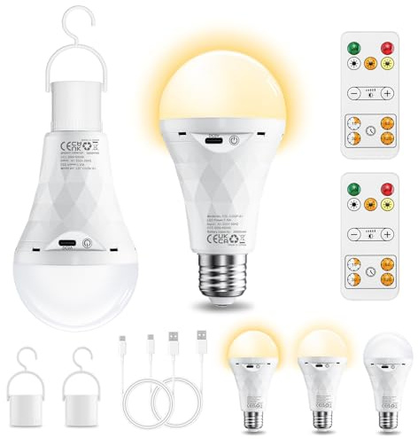 E27 LED Akku Glühbirne mit Fernbedienung 2600mAh Dimmbar LED Lampe 2 Stück | Camping Lampen, Timer Leuchtmittel Sockel&USB Aufladbare Dual-Purpose Für Tischlampe/Camping (3000K/4000K/6500K)